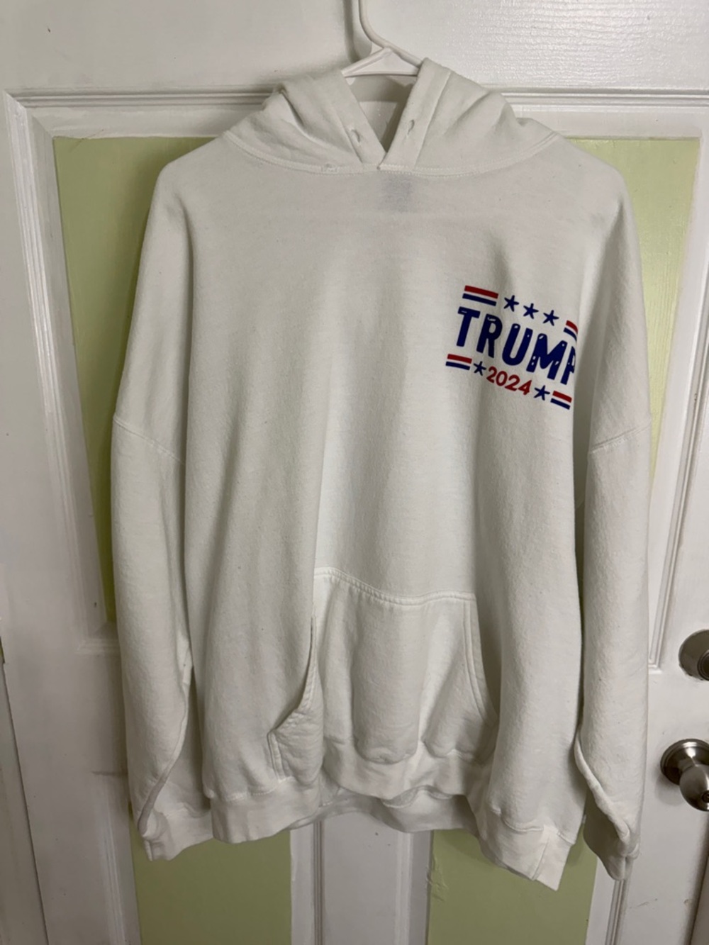 Gildan White Men's Crewneck Sweatshirt with Red & Blue Trump 2024 Graphic